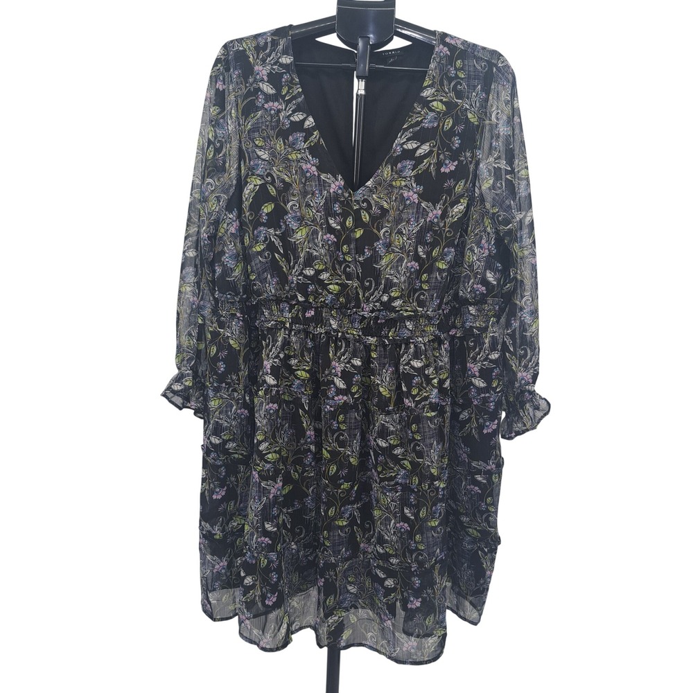 Torrid Black Floral Chiffon V-Neck Ruffle Mini Dress Size 2 Boho Cottagecore